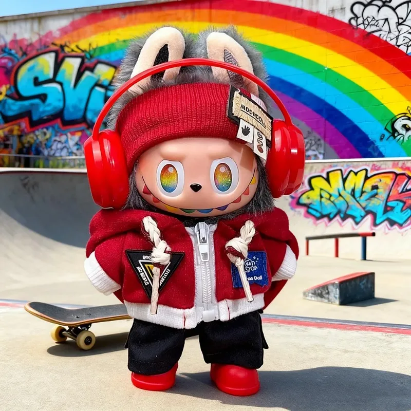 for 15-17cm Labubu Trendy Zipper Hoodie Clothes Headband Pants Set Red Headphones PP Shoes Outfit Clothing Accessories