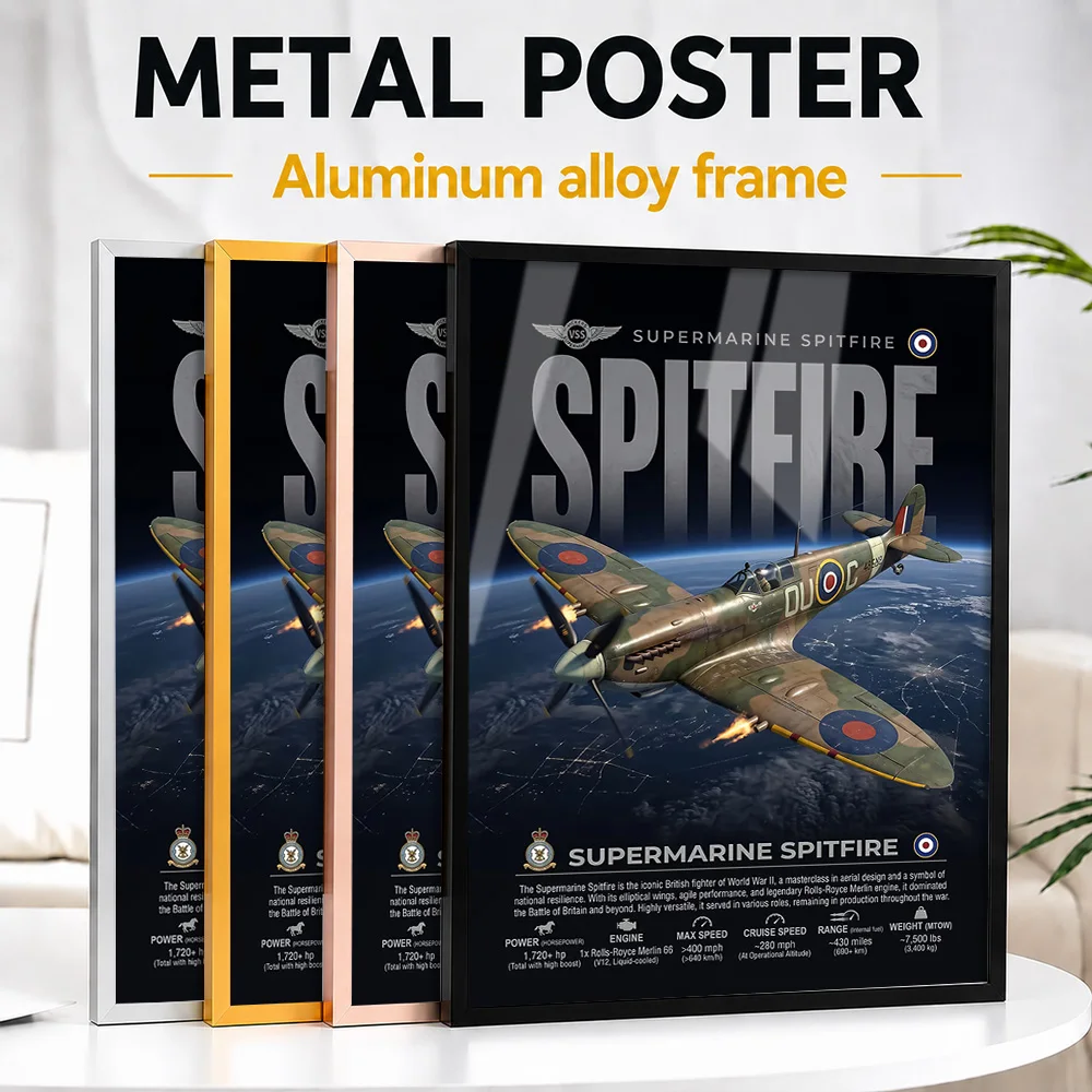Supermarine Spitfire Fighter Aircraft Framed Metal Print Personalized Technical Graphic Wall Art For Aviation Enthusiast Lounge