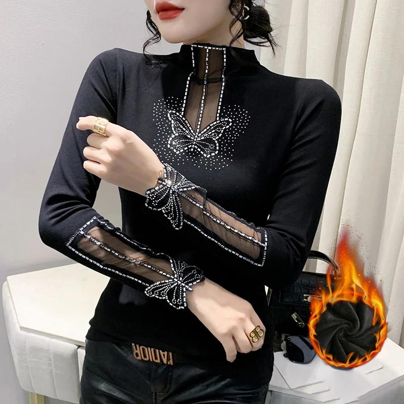 MadBlack, European Thicken Fleece T-Shirt, Sexy Women Stand Diamond Top, Clubwear Long Sleeve Slim Tee, Autumn Winter T40903CC