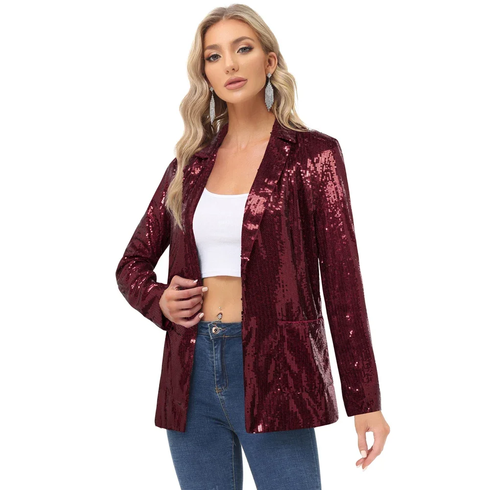 KK Women Sequined Party Blazer Coat Lapel Collar Long Sleeve Open Front Coat Sparkling Shiny Luxury Elegant Women's Clothing