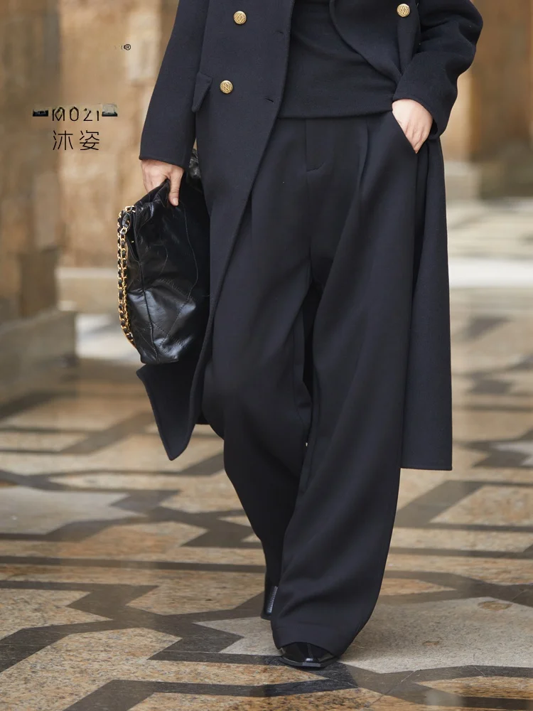 

Muzhi High Waist Wide Leg Pants Straight Cut Suit Black Long Trousers for Middle-Aged Women Spring Autumn Fashion Casual