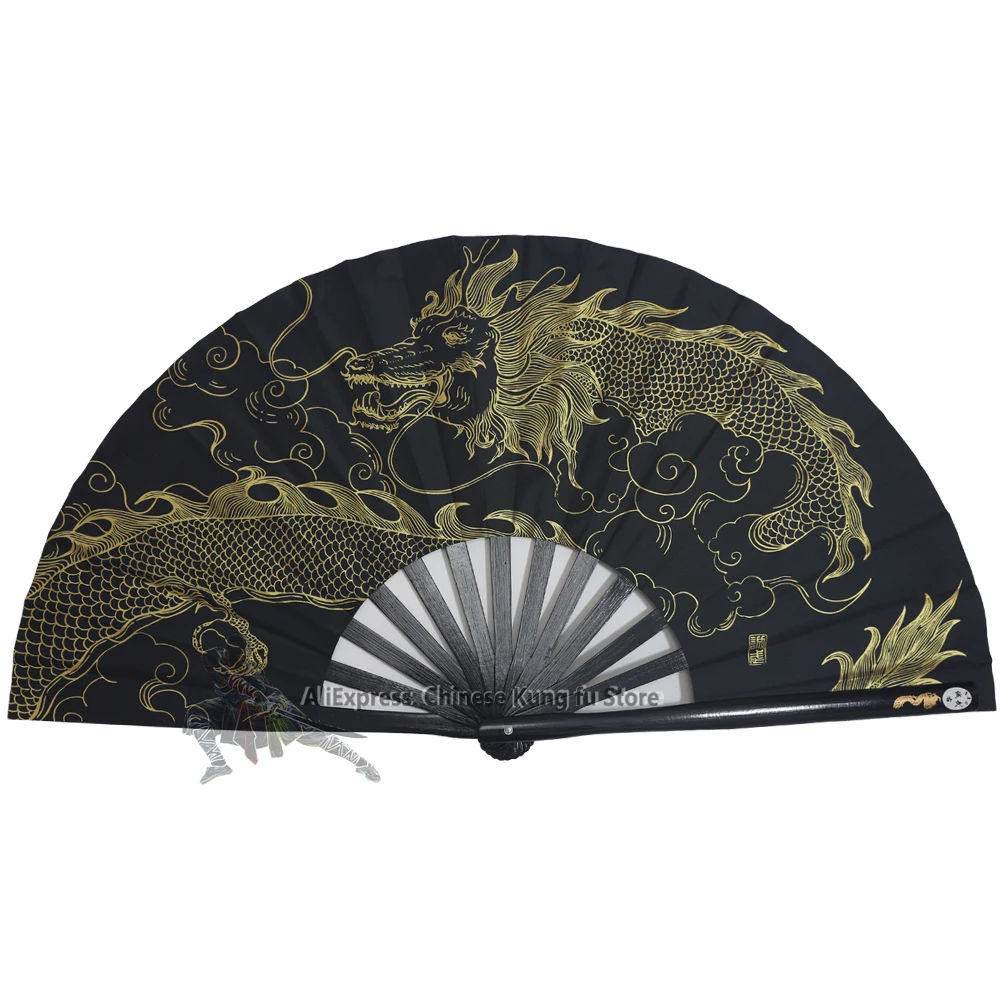 Black Bamboo Chinese Tai Chi Fans Kung fu Martial arts Training Fan Dragon High Quality