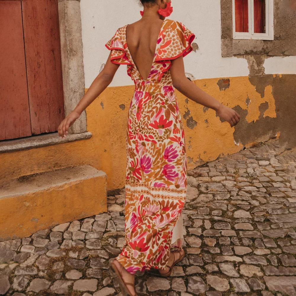 Bañador de una pieza con volantes y cuello en V para mujer, traje de baño de lujo con estampado Retro, falda, ropa de playa