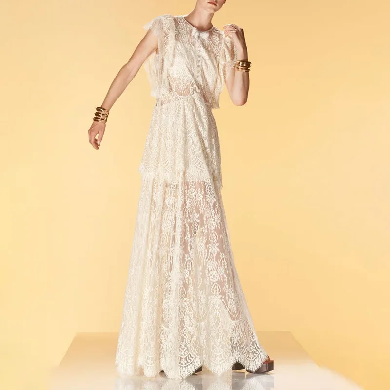 

French Elegant Dress2025Summer New Lace High-Grade Design Neckline Bow Hollow Dress