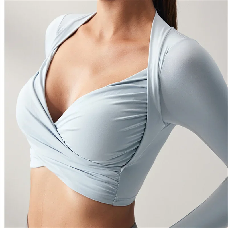 

Women's Fashionable Padded V-neck Ballet Wrap Top Front Cross Quick Dry Activewear Tight Trend All in Match Women's Crop Top