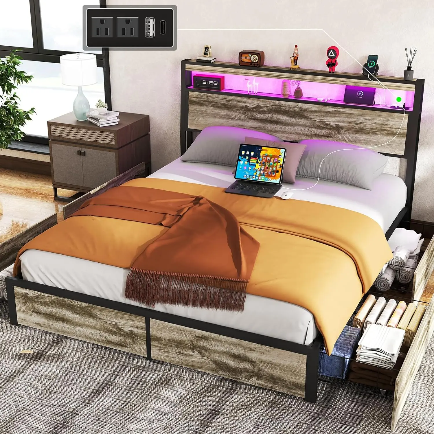 

King Size Bed Frame With Storage Headboard, Metal Platform King Bed Frame Wood With 4 Drawers, Led Light, Charging Station, No