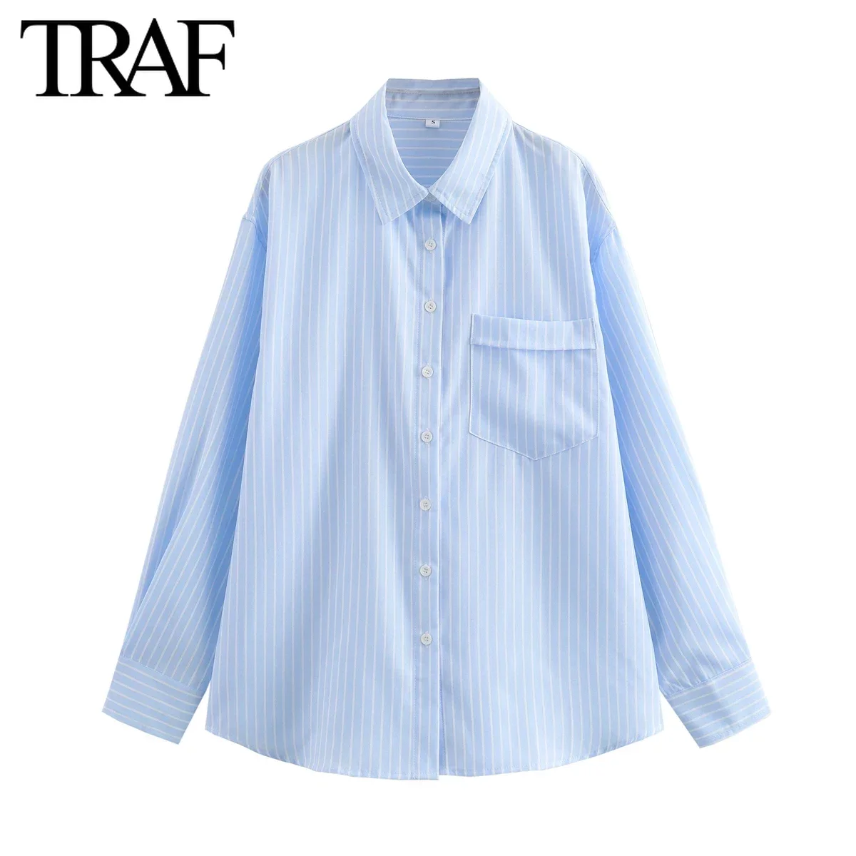 TRAF Women\'s Clothing Spring Autumn New Pocket Striped Single-breasted Lapel Long Sleeve Shirt Chic Office Ladies Tops Mujer