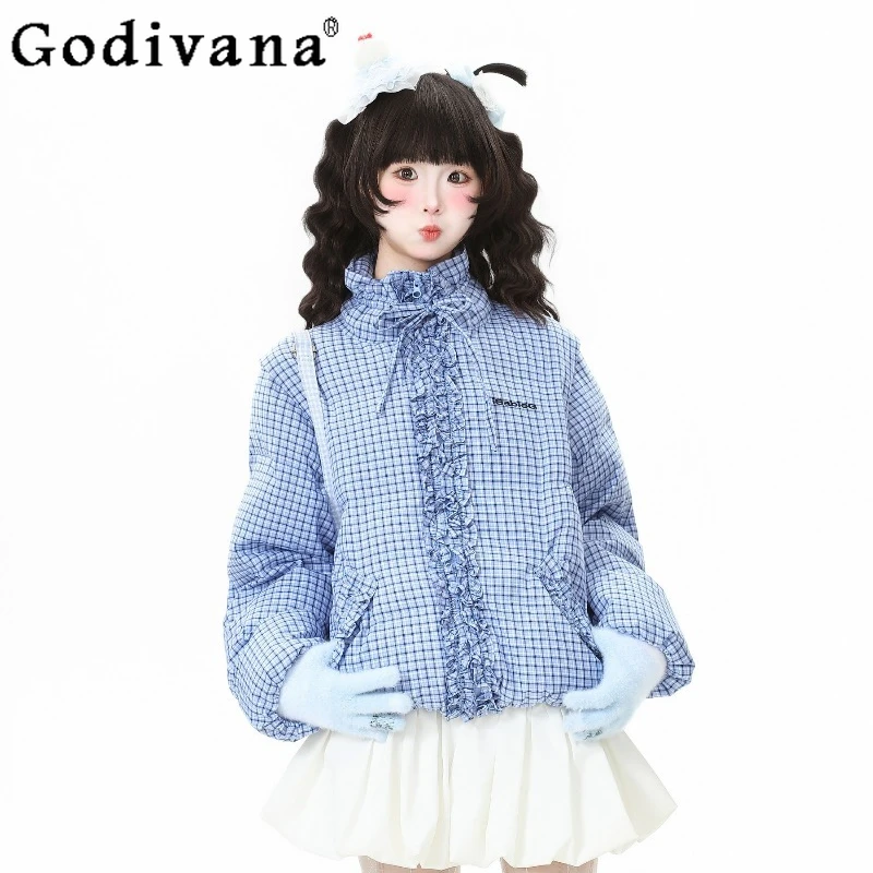 

Detachable Sleeves Ruffled Parkas Female Stand Collar Cotton Coat Women's Japanese Style Winter Plaid Cotton Lolita Parkas