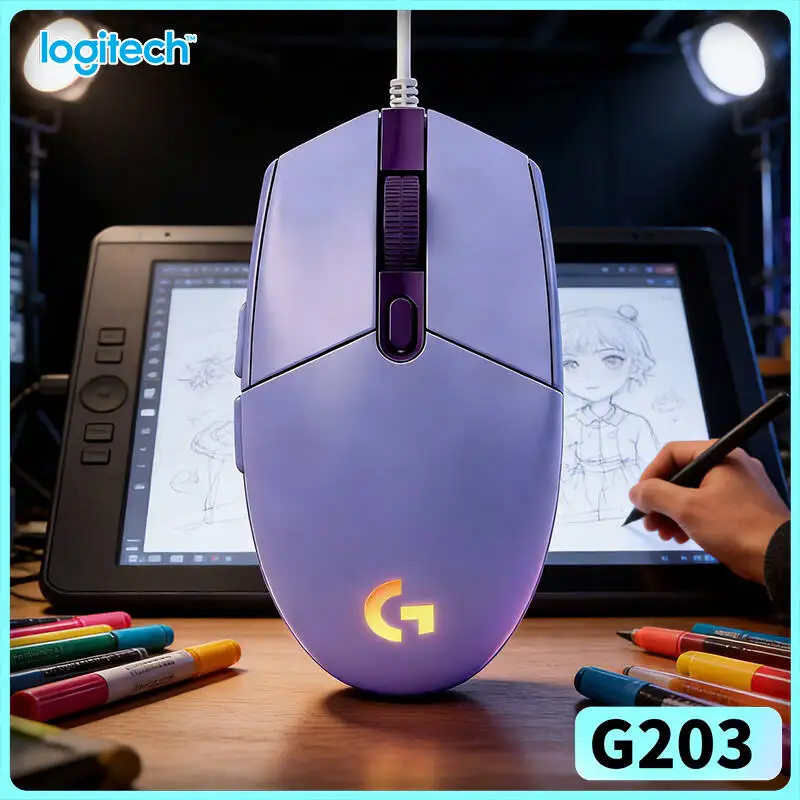 Logitech G203 wired gaming mouse robust USB cable connection bright RGB light anti‑slip pads USB plug‑and‑play desktop