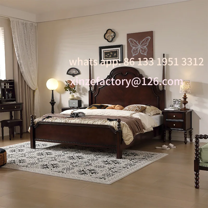 سرير من الخشب الصلب، سرير مزدوج أسود عالي الجودة، سرير فرنسي قديم، بسيط، طراز القرون الوسطى، كبير #3