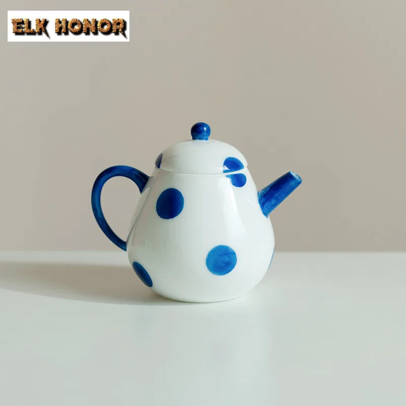 

100ml Blue Wave Dot White Porcelain Teapot Japanese Tea Infuser Pot Tea Brewing Kettle with Ball Hole Teaware Supplies Ornaments