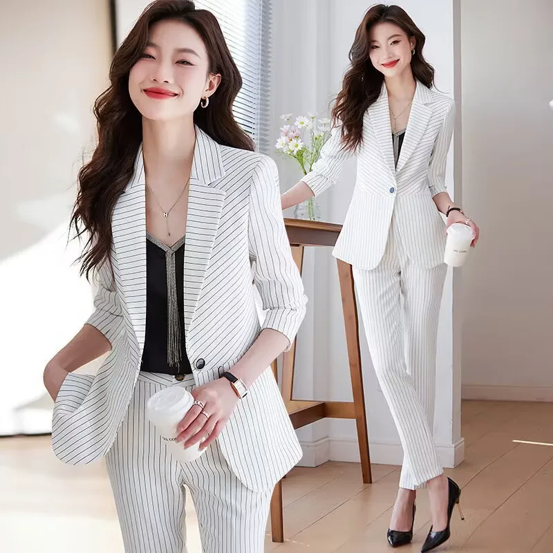 Blue striped suit for women2025New Spring and Autumn Elegant Goddess Style Professional Formal Wear for Jewelry Store