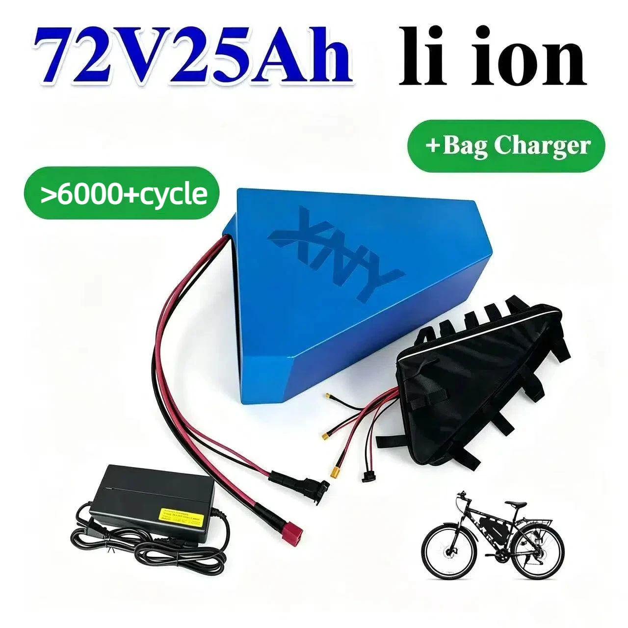 72V 25Ah Lithium Ion Triangle Battery with BMS for 3000W 3500W Motorcycle Scooter E-Bike Bicycle - 5A Charger Bag - 18650 Cells