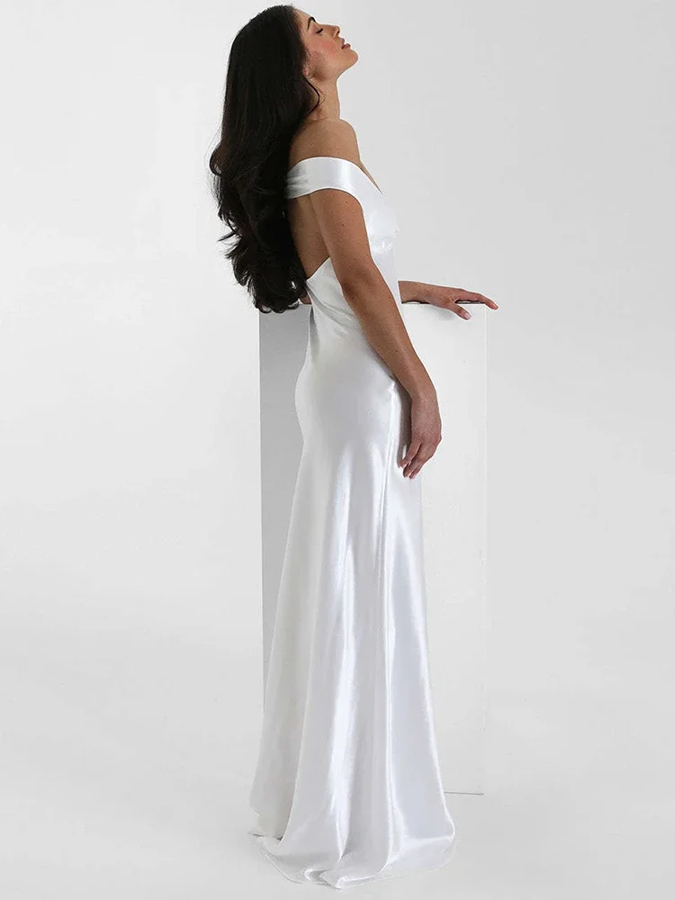 Chaxiaoa cetim fora do ombro sem costas sexy maxi vestido feminino moda sem alças sem mangas cintura alta clube festa vestidos longos