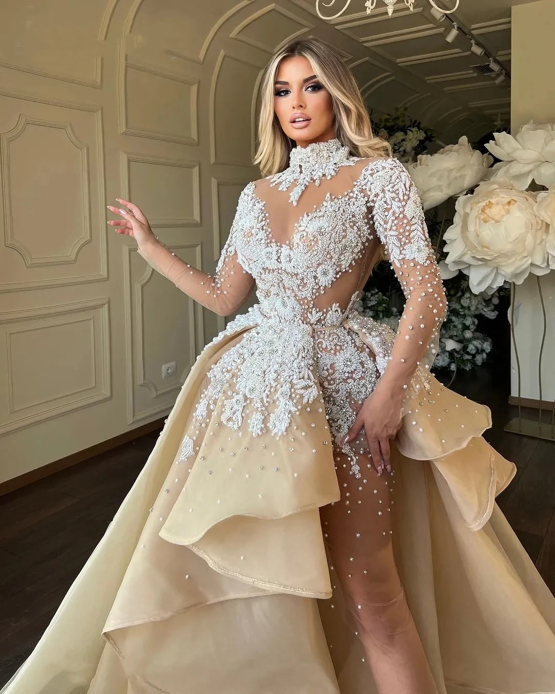 Luxury Pearls Beading Prom Dresses Detachable Train Illusion Mermaid Evening Gowns Custom Made Robe De Soirée