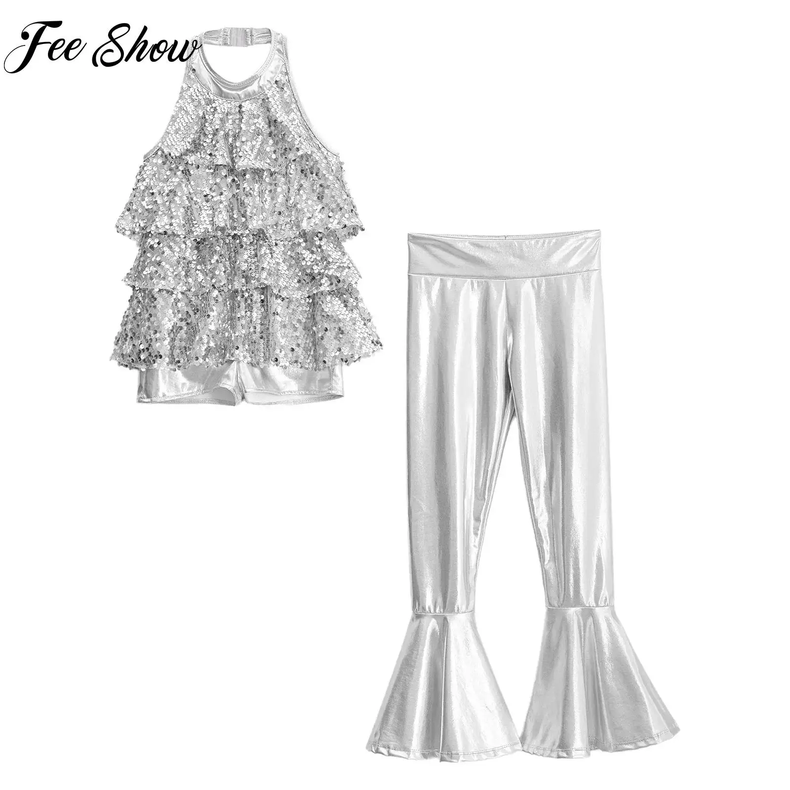 

Kids Girls Modern Jazz Latin Dance Costume Outfit Halter Backless Shiny Sequins Leotard with Bell-bottom Pants Performance Sets