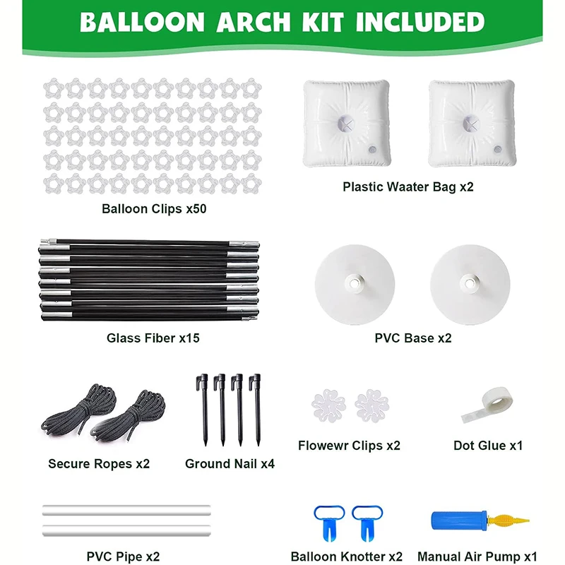 Conjunto de suporte de coluna de balão de plástico ajustável de 9 pés de altura e 10 pés de largura com bases preenchíveis de água e saco de água 50 clipes de balão