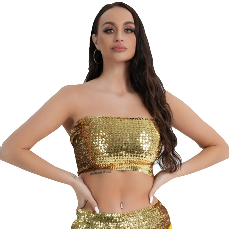 

Sequin Strapless Top Stage Suit High Stretch Bead Piece Anti-slip Breast Wrap Dance Dress Nightclub Sexy Performance Suit Top