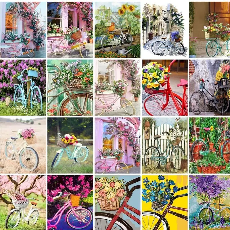 

GATYZTORY DIY Painting By Numbers Bicycle Flower Landscape HandPainted Art Gift Scenery Canvas Drawing Home Decor 60x75cm