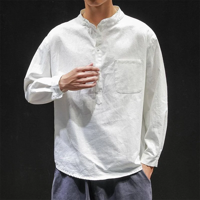 

Мужская осенняя рубашка свободного кроя из льна с длинным рукавом и воротником-стойкой, в японском стиле, больших размеров, удобная