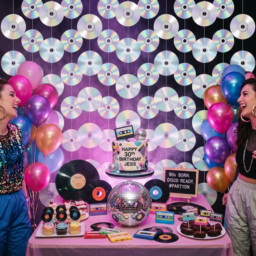 Disco Party Decorations Holographic CD Record Hanging Garland Backdrop description 5