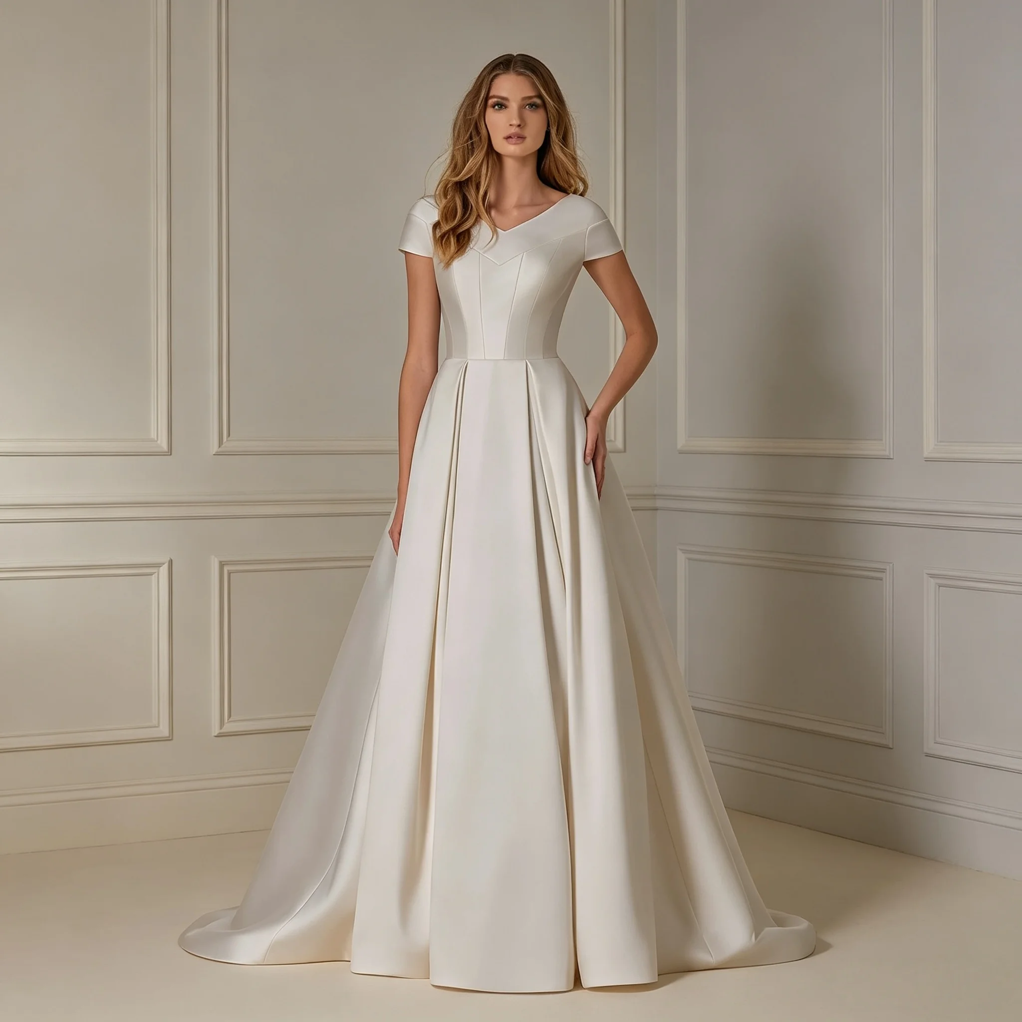 Cap Sleeve V Neck Satin A Line Wedding Dress Big Bow Pearl Button Chapel Train Bridal Gown Civil Ceremony Cheap Customizable