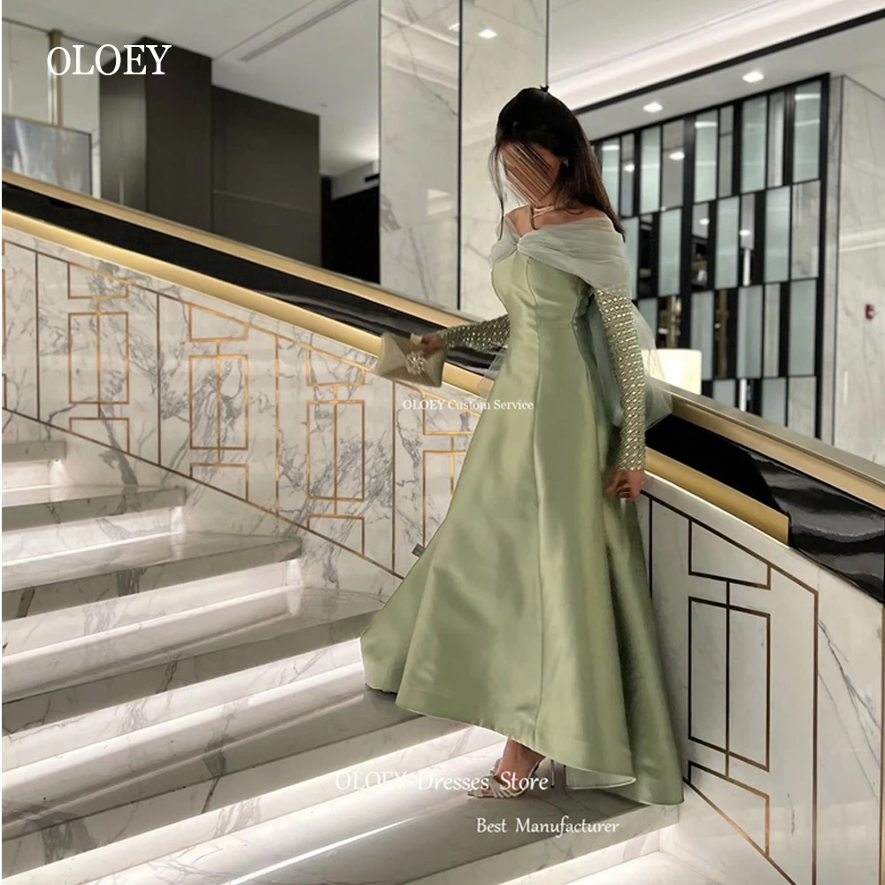

OLOEY Saudi Arabic Women Sage Green Champagne Evening Dresses Off Shoulder Glitter Long Sleeves Prom Gowns Formal Party Dress