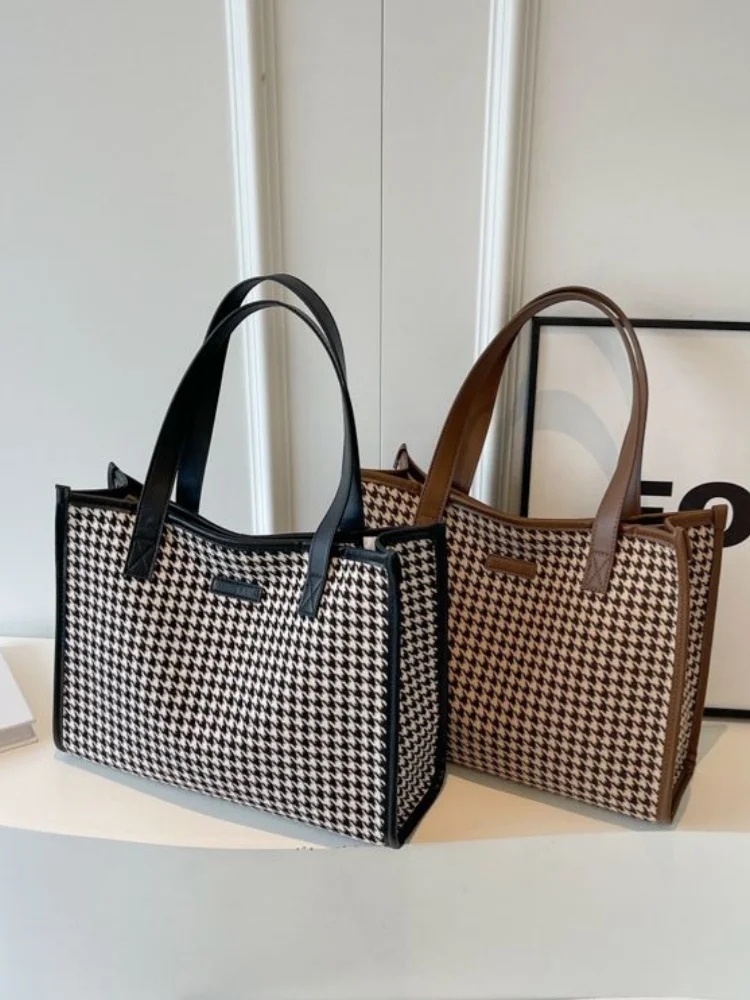 Large capacity houndstooth handbag fashion retro handbag shoulder bag commuter tote bag