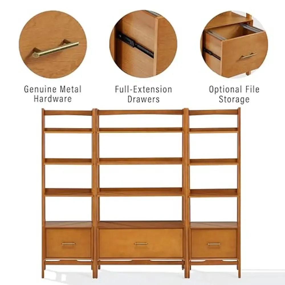 Mid-Century Modern 3-Piece Bookshelf Etagere Set with File Drawers Genuine Metal Hardware Sturdy Structure Expandable Storage image 5