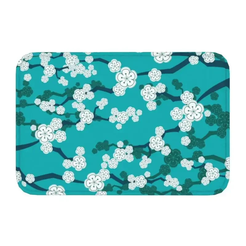 Oriental Cherry Blossoms On Turquoise Front Floor Door Entrance Mat Zen Japanese Sakura Bathroom Kitchen Doormat Carpet Rug