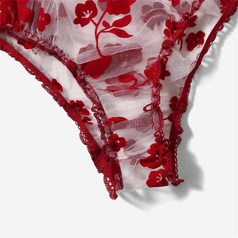 Ensemble de sous-vêtements en maille pour femme, soutien-gorge et culotte transparents, vin rouge romantique, lingerie sexy, distributeur, 7.0, 2