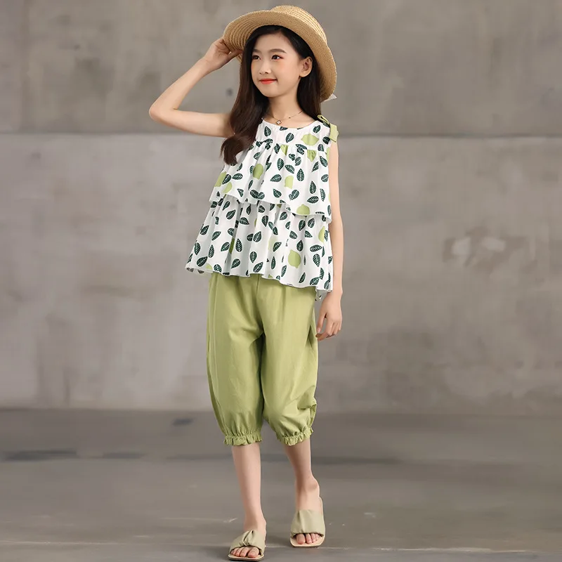 Korean Version Childrens Clothing Girls Summer Set Capri Pants 2023 New 12 Girls Clothes Large Childrens Two-piece Set Suits