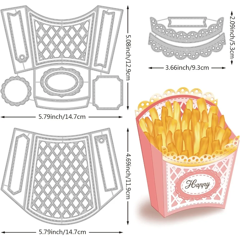 3Pcs 3D French Fry Box Pattern Carbon Steel Cutting Dies Stencils 3 Styles Metal Cutting Dies Stencils for DIY