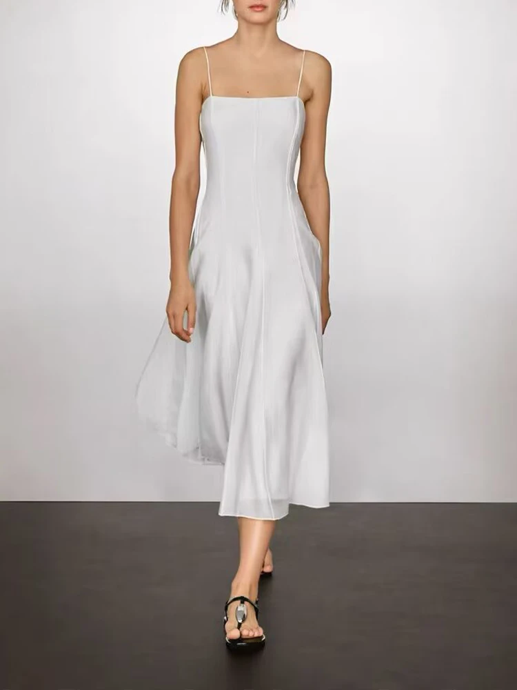 

European style new women's fashion versatile temperament simple solid color drape long suspender dress