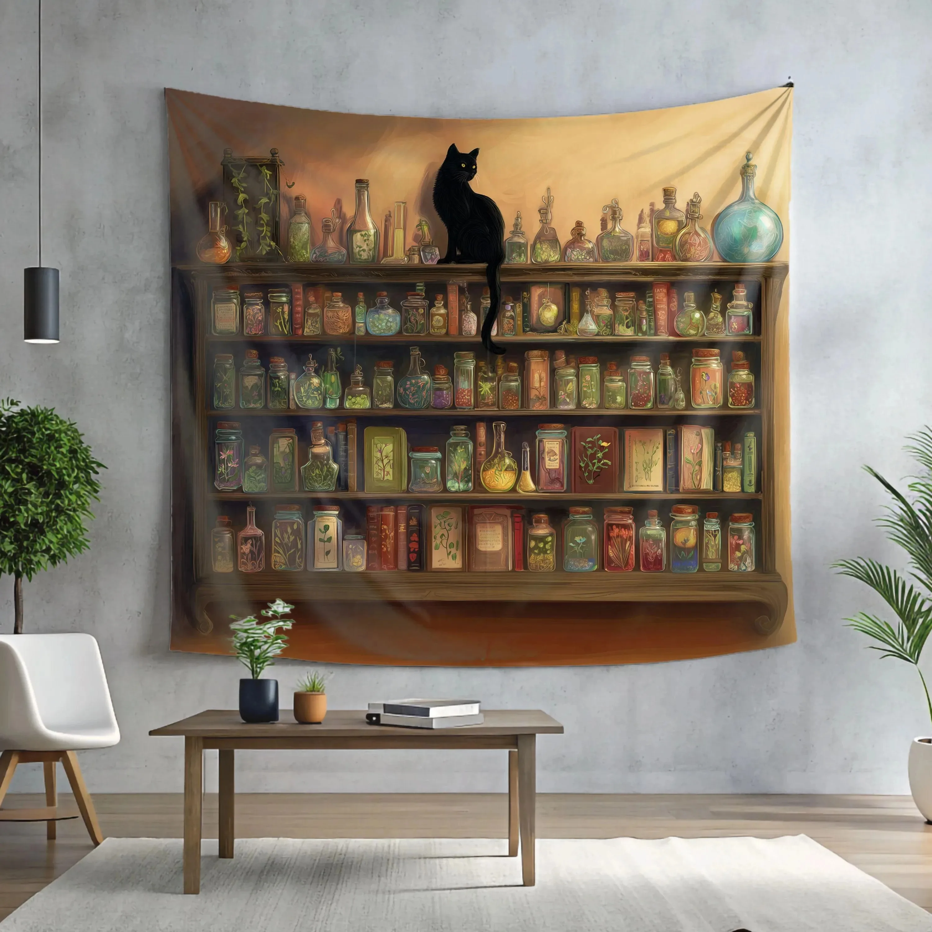 

Peach Skin Tapestry Vintage Black Cat Potion Bottle Bookshelf Wall Hanging Witchcore Magic Apothecary Room Decor for Bedroom