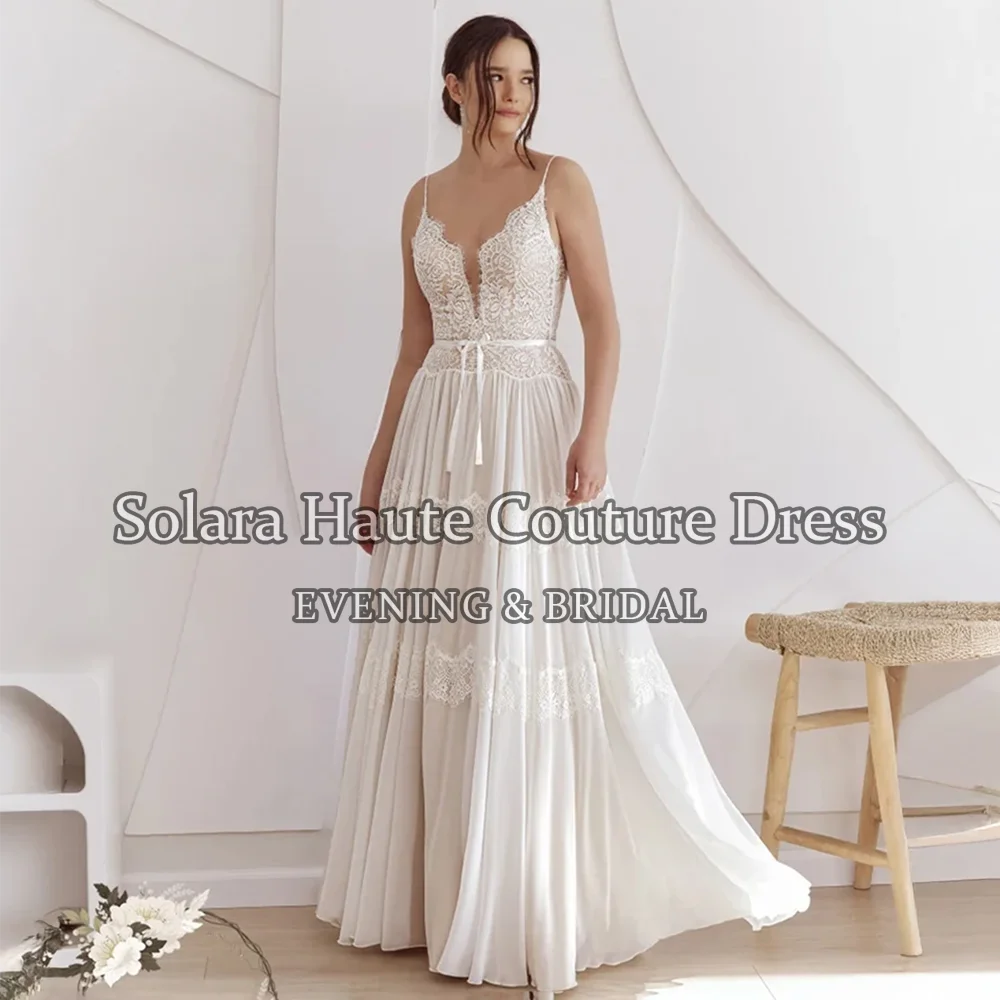 Customized Boho Spaghetti Strap Wedding Dresses Lace Bodice Chiffon Bridal Dress with Tiered Skirt Perfect for Beach Wedding