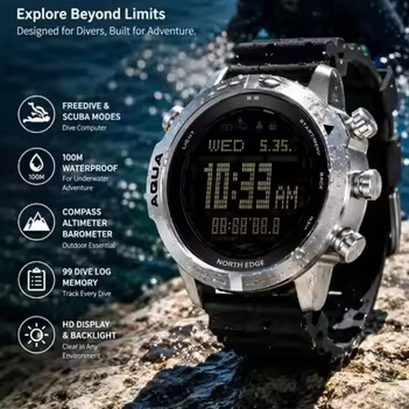 NORTH EDGE Men's Professional Diving Computer Watch Scuba Diving NDL (No Deco Time) 50M Dive Watches Altimeter Barometer Compass