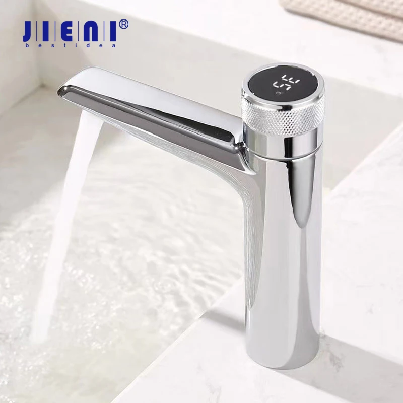 

JIENI Chrome Led Digital Display Sink Faucet Minimalist Brass Washbasin Faucets Deck Mounted Hot Cold Mixer Taps