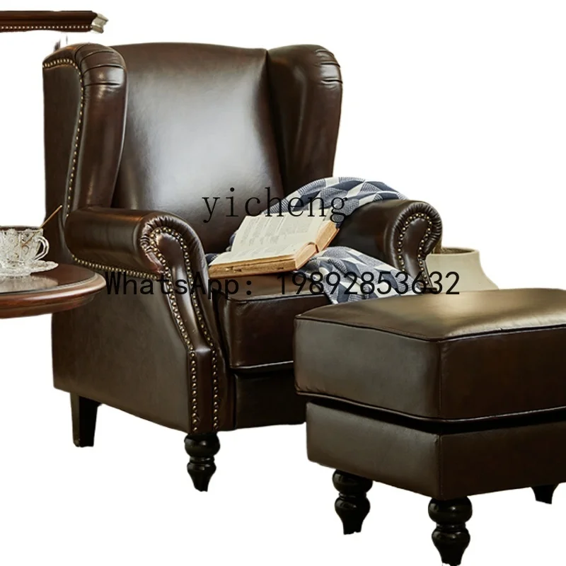 Simple Retro First Layer Oil Wax Cowhide Leisure Chair Living Room High Back Sofa Chair
