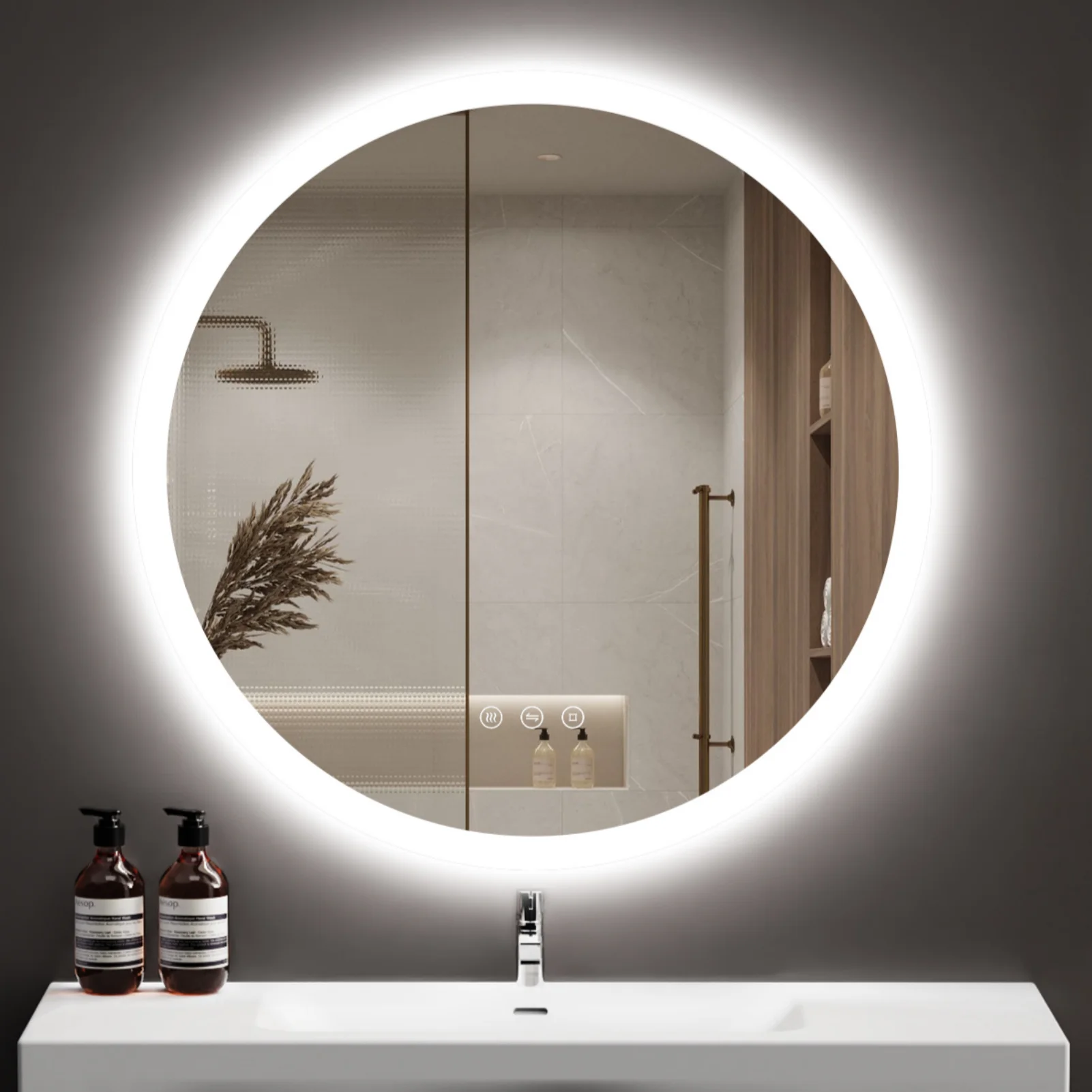 Miroir de salle de bain rond avec éclairage, miroir LED avec lumière tout autour, 3 couleurs de lumière, intensité réglable, interrupteur tactile avec protection anti-rayures, fonction de rangement intégrée, 80x80 cm