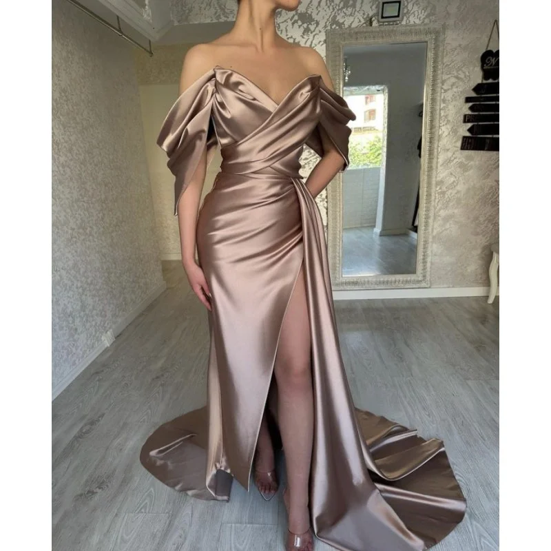 

Fancy Prom Dresses V-Neck Sleeveless Satin Mermaid Side Slit Long Prom Dresses With Lace Up vestidos de fiesta de noche 2024