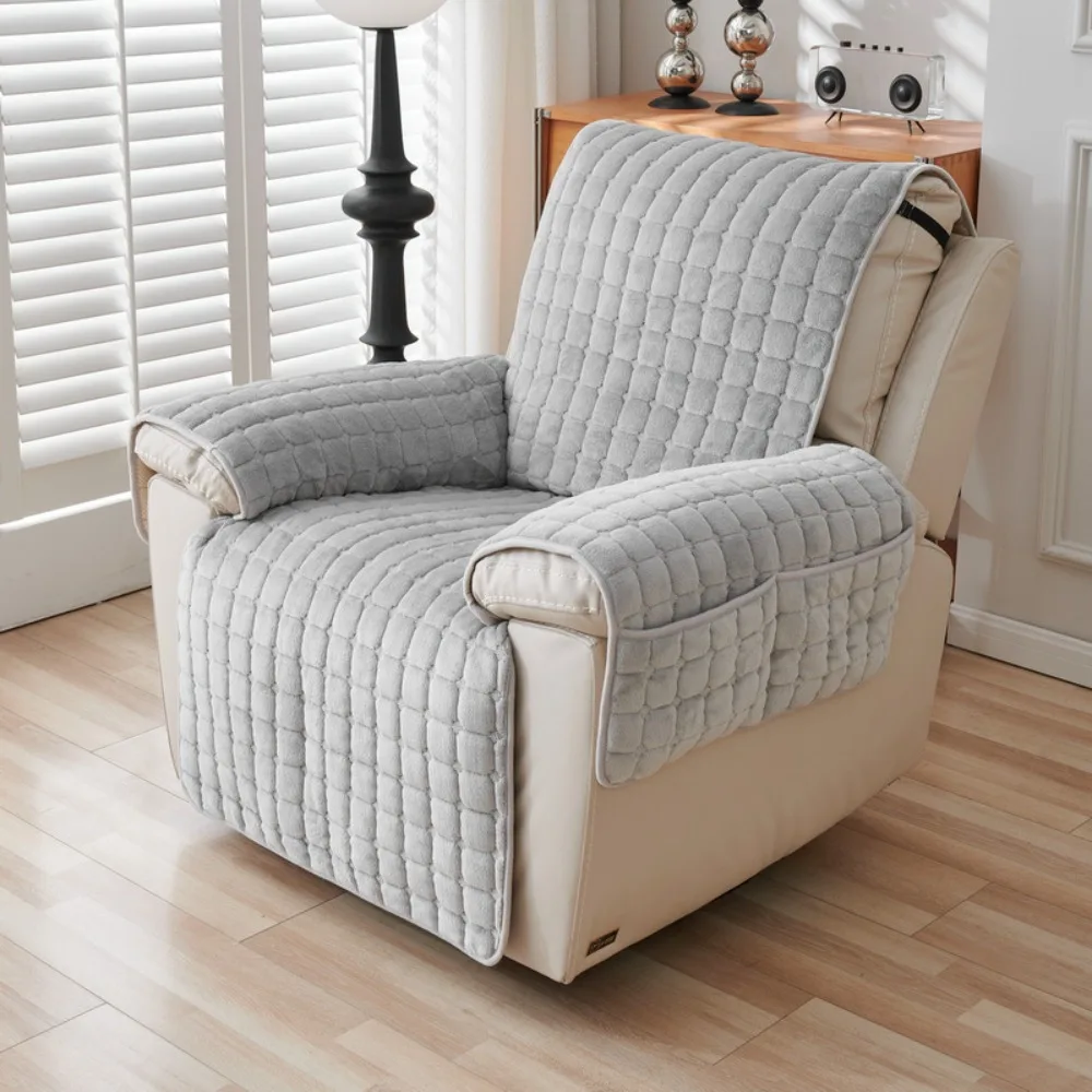 

Elastic Band 1 Seat Recliner Sofa Cover Wear Resistant with Armrests Pockets Single-seat Slipcover Non-Slip Warm Sofa Protector