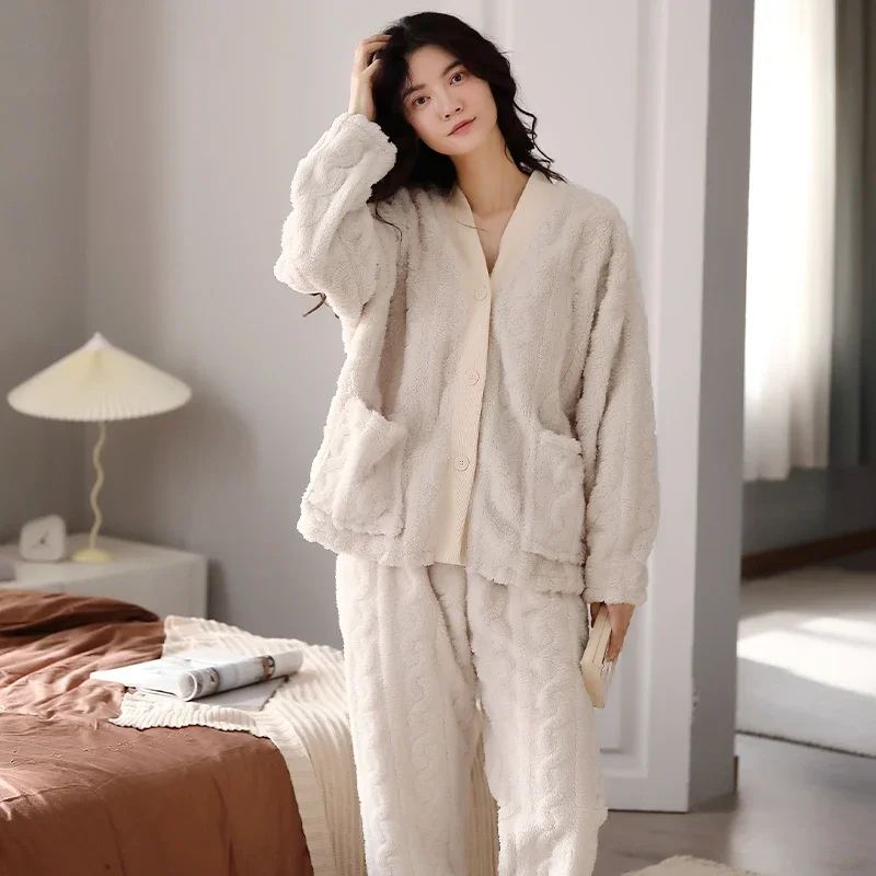 MiiOW Winter Women\'s Pajamas Set Sexy White Cardigan Warm Flannel Loungewear Thicken Long-sleeves Sleepwear Coral Fleece Pyjamas