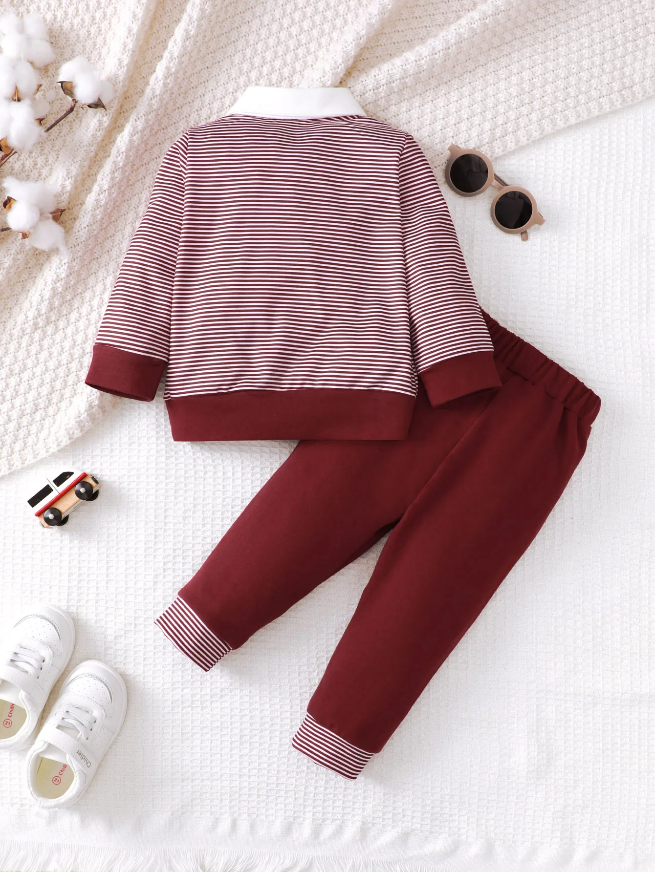 Conjunto de roupas e calças listradas com laço para meninos, 2 peças, primavera e outono, para meninos de 0 a 3 anos, festas da moda, festivais, roupas masculinas