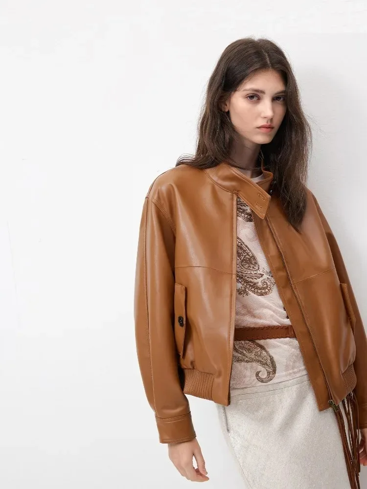 

Genuine Leather Jacket Woman Trend Stand Up Collar Real Sheepskin Jacket For Women Vintage Brown Short Motorcycle Leather Jacket