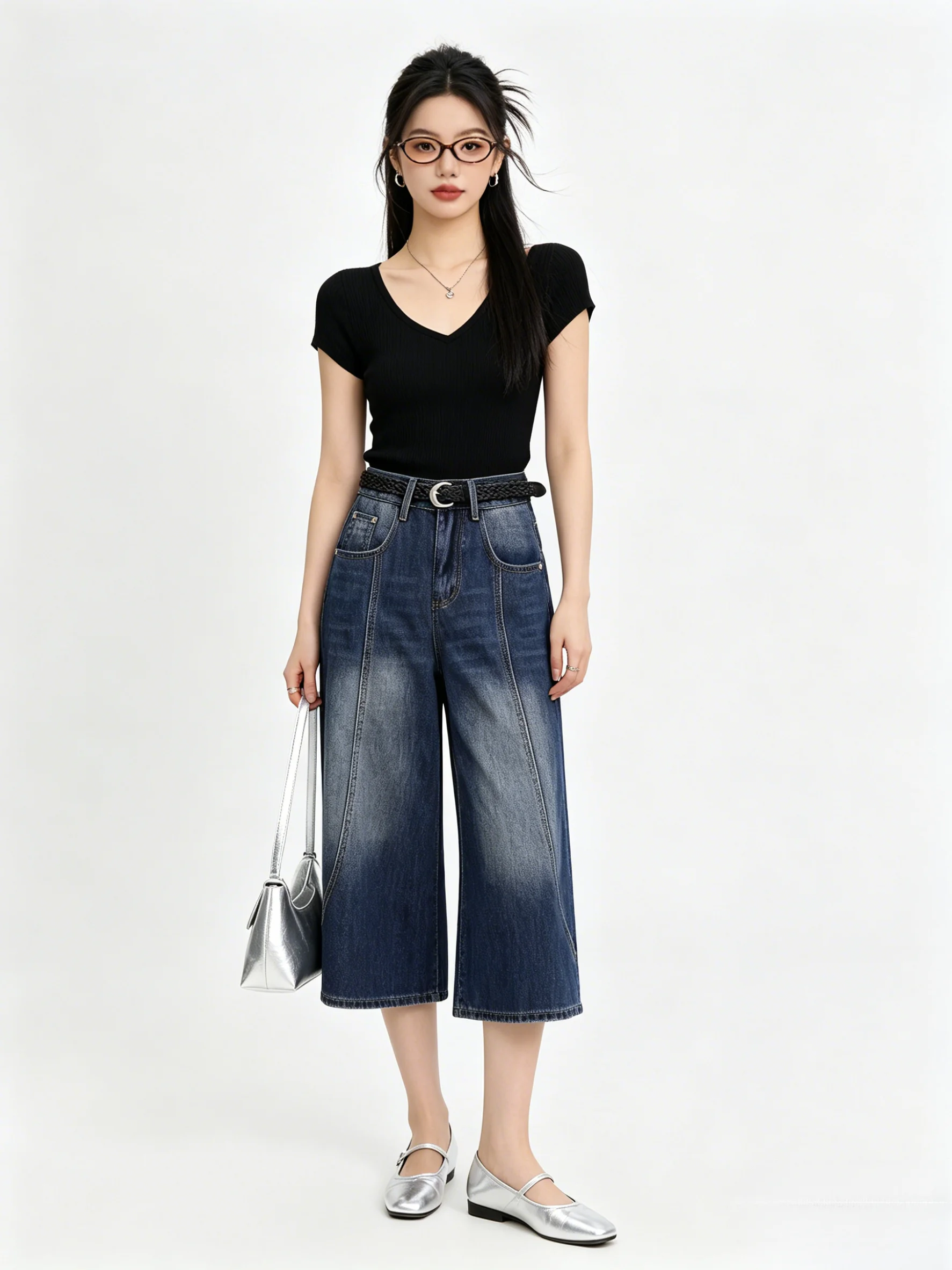 

Retro Deep Blue Korean Style Low Waist Wide Leg Jeans Summer Weathered Loose Slimming Seven-Foot Pants Women's Jeans