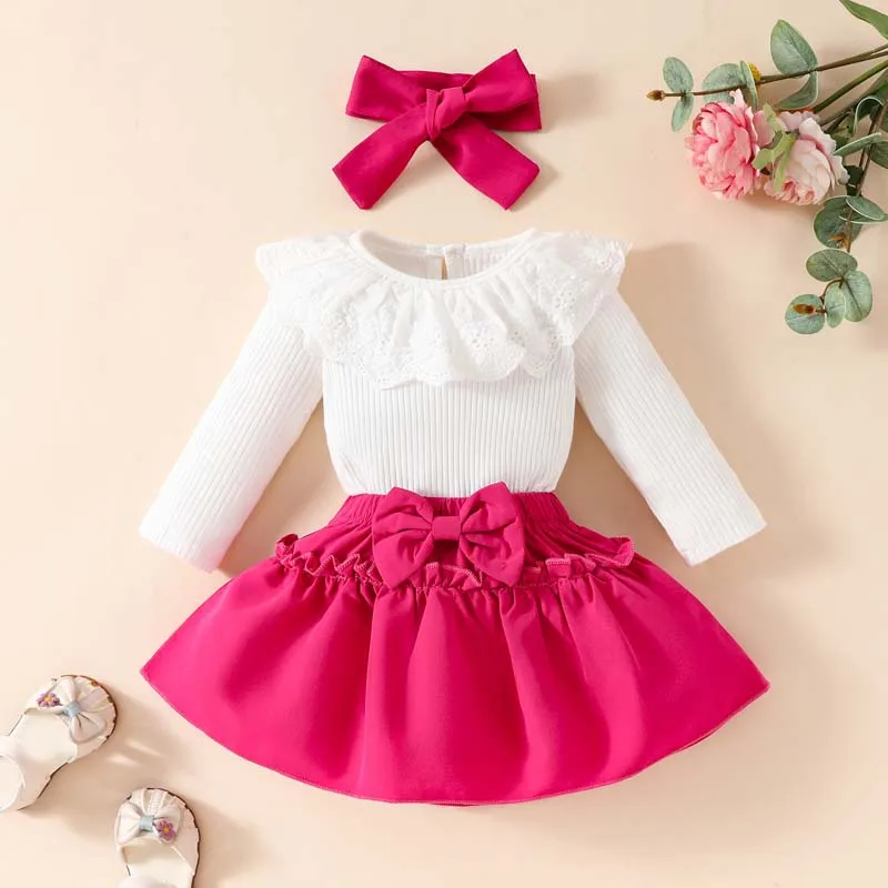 

0-18 Months Baby Clothes Girl 3Pcs Outfits Skirts Set Long Sleeve Lapel Pit strip Jumpsuits Top Solid Color Skirts with Hairband