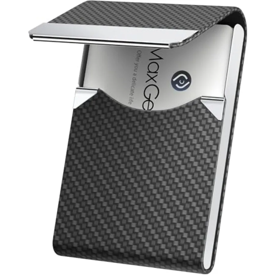 Business Card Holder, PU Leather Business Card Case, Stainless Steel Interior, Magnetic Closure, RFID Blocking, Holds 15 25 Sta