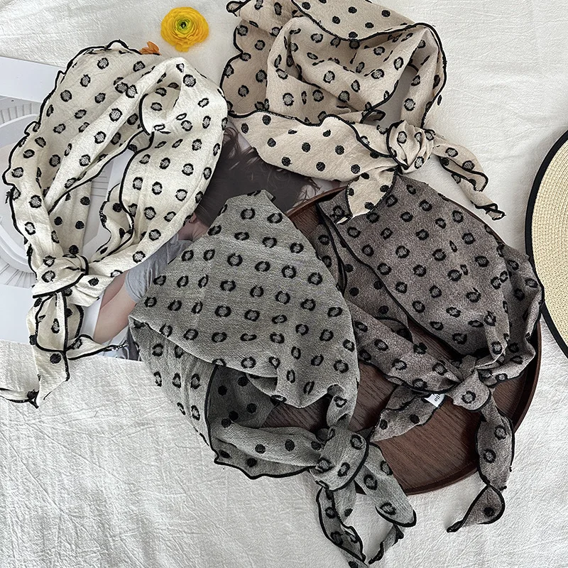 

New cotton-linen triangle scarf polka dot sun protection headscarf Korean style small neckerchief hair tie scarf for women