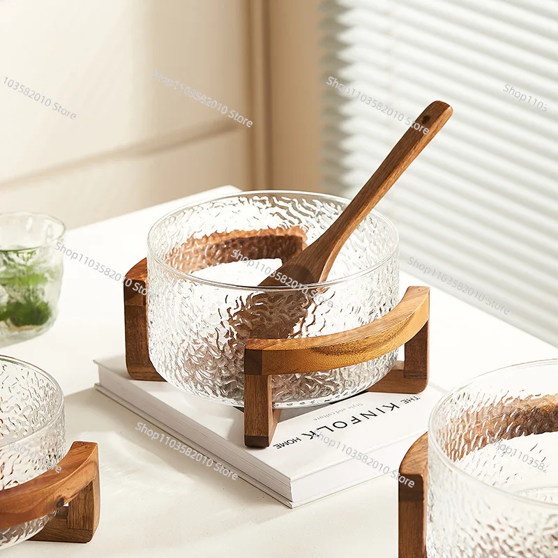 Large Glass Salad Bowl with Acacia Wood Base, Eco-Friendly Durable Serving Bowl for Parties